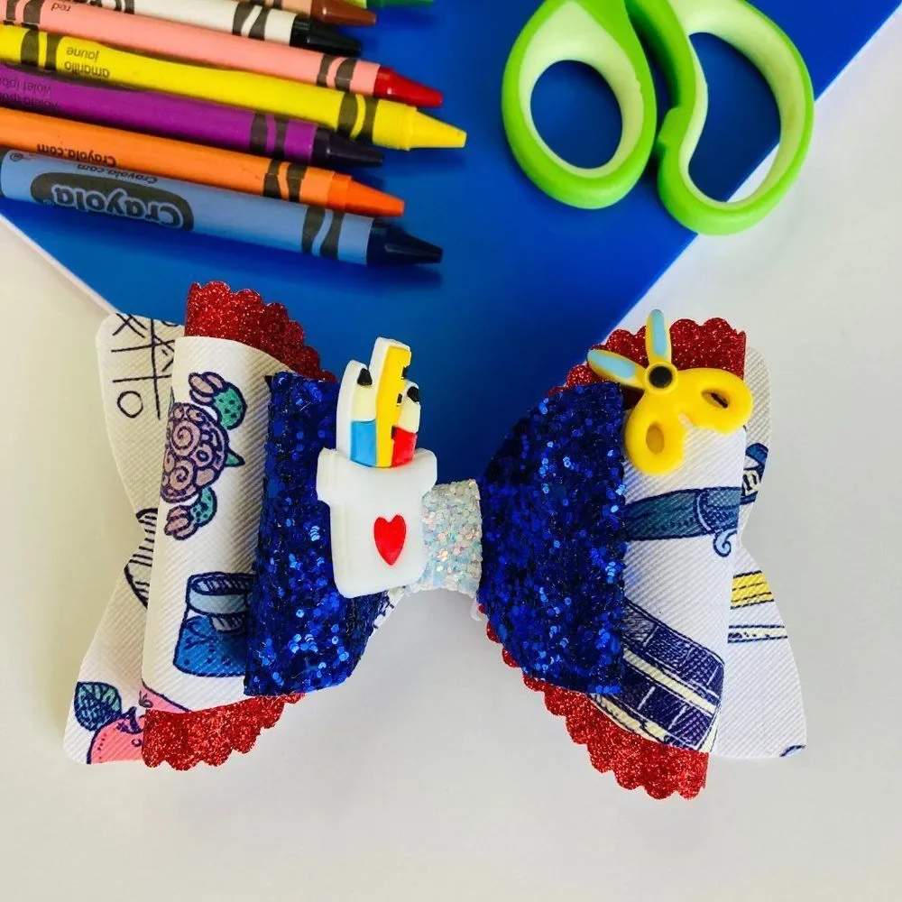 BACK to SCHOOL Hair Bow Clips for Girls Handmade NEW